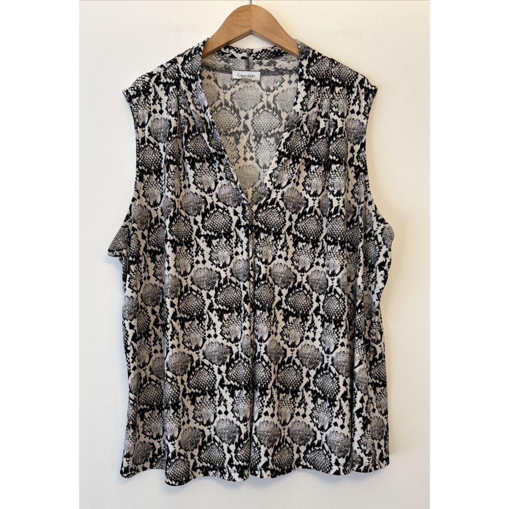 Calvin Klein V-Neck Snakeskin Print Blouse Womens 3X Black White Career Logo